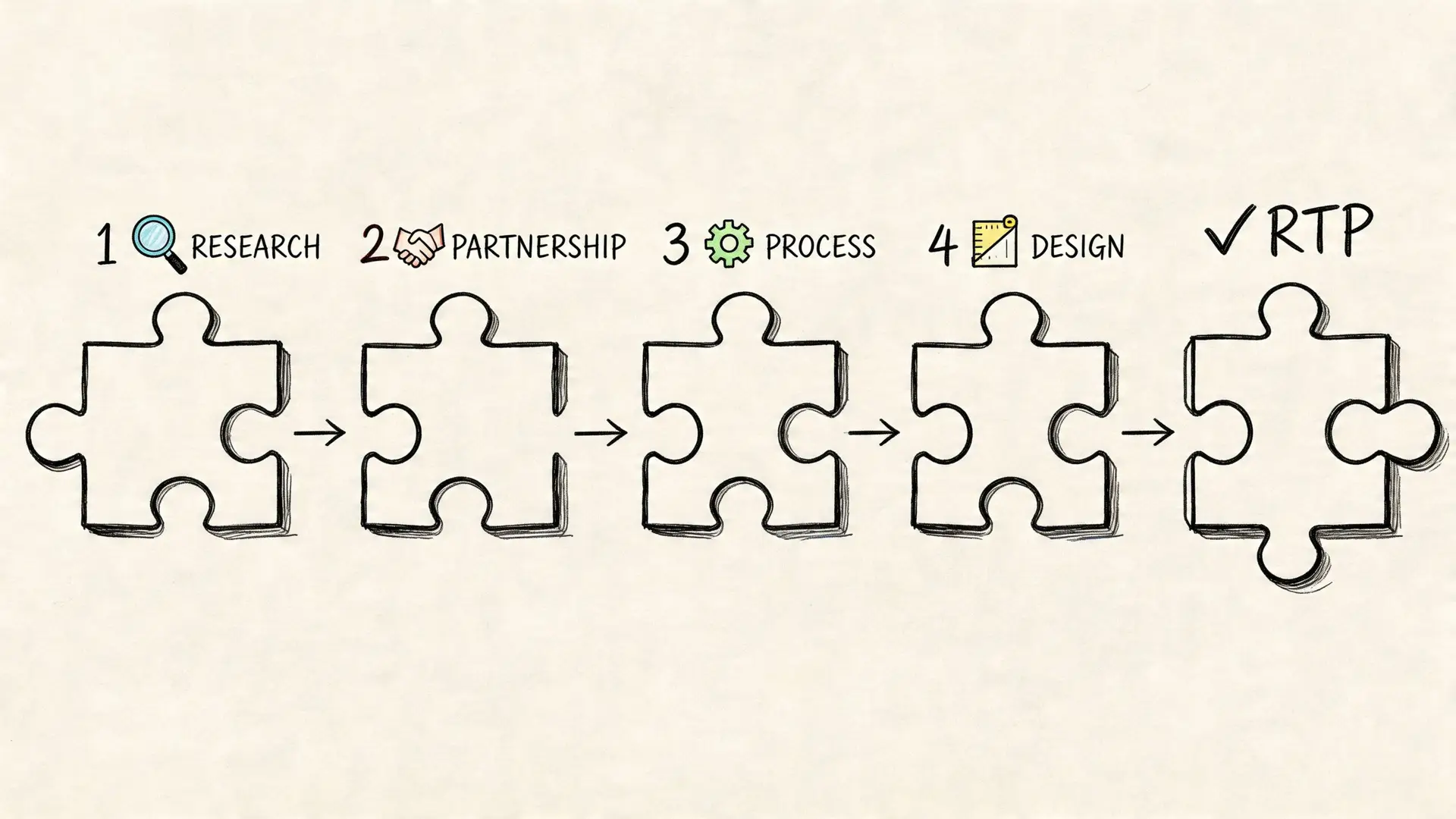Schema grafico a puzzle con le fasi di ricerca, partnership, processo, design e raggiungimento del obiettivo RTP