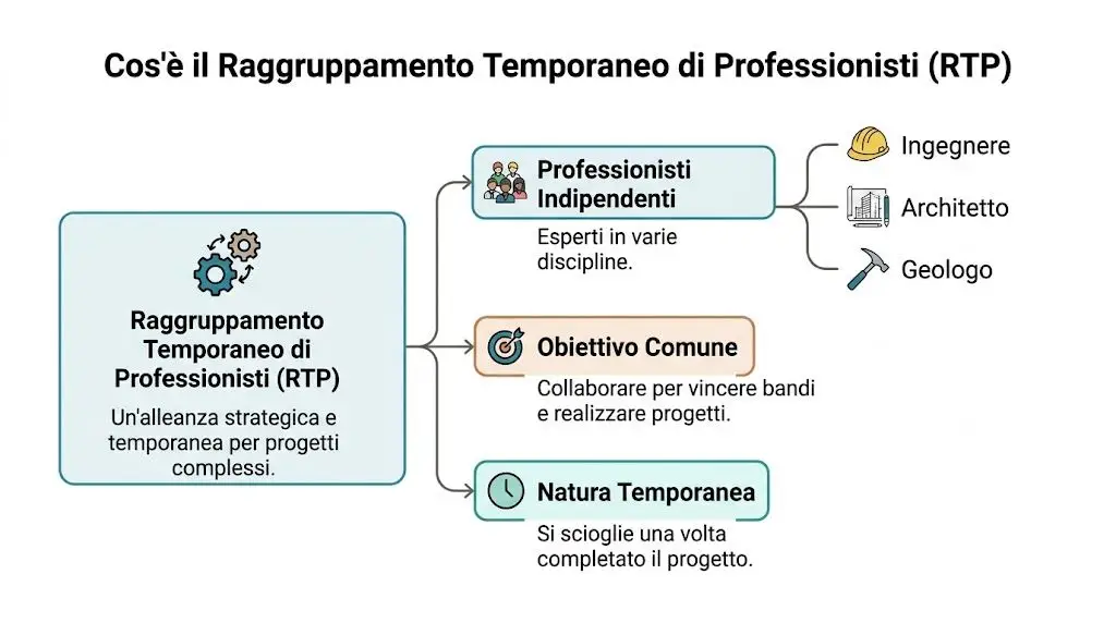 Infografica esplicativa che illustra il significato e le caratteristiche fondamentali di un Raggruppamento Temporaneo di Professionisti.
