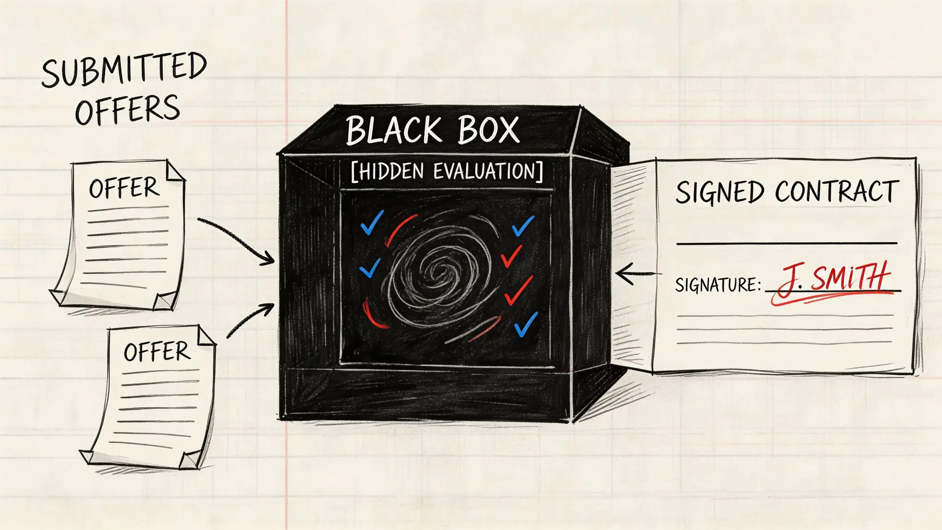 Un diagramma che illustra il processo di valutazione delle offerte in una gara d'appalto tramite una black box.