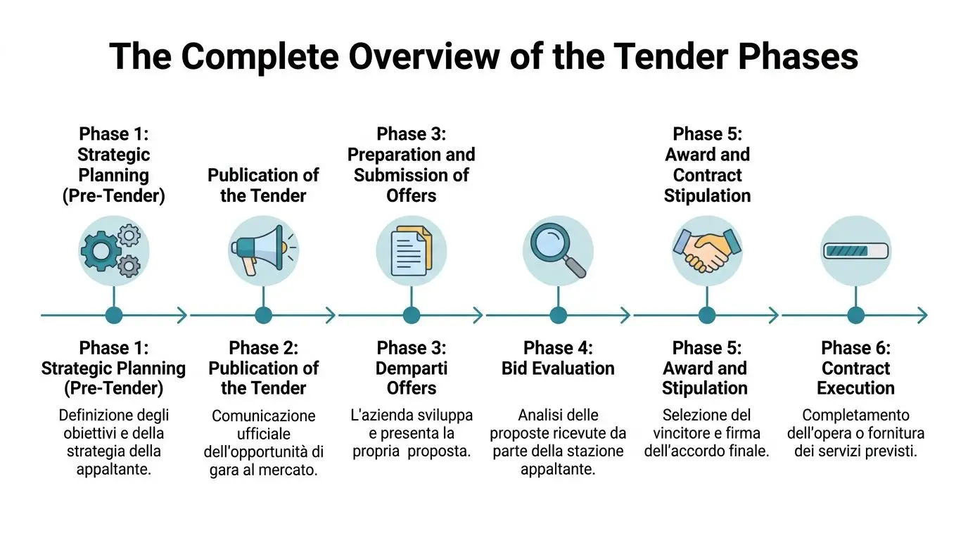 Schema dettagliato che illustra le sei fasi del processo di gara d'appalto, dalla pianificazione all'esecuzione contrattuale.
