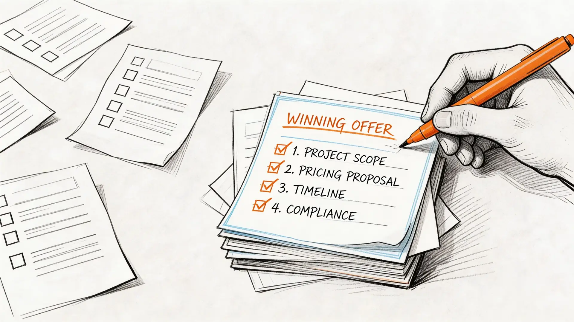 Una mano che scrive su un blocco note intitolato Offerta Vincente con una lista di controllo completata.