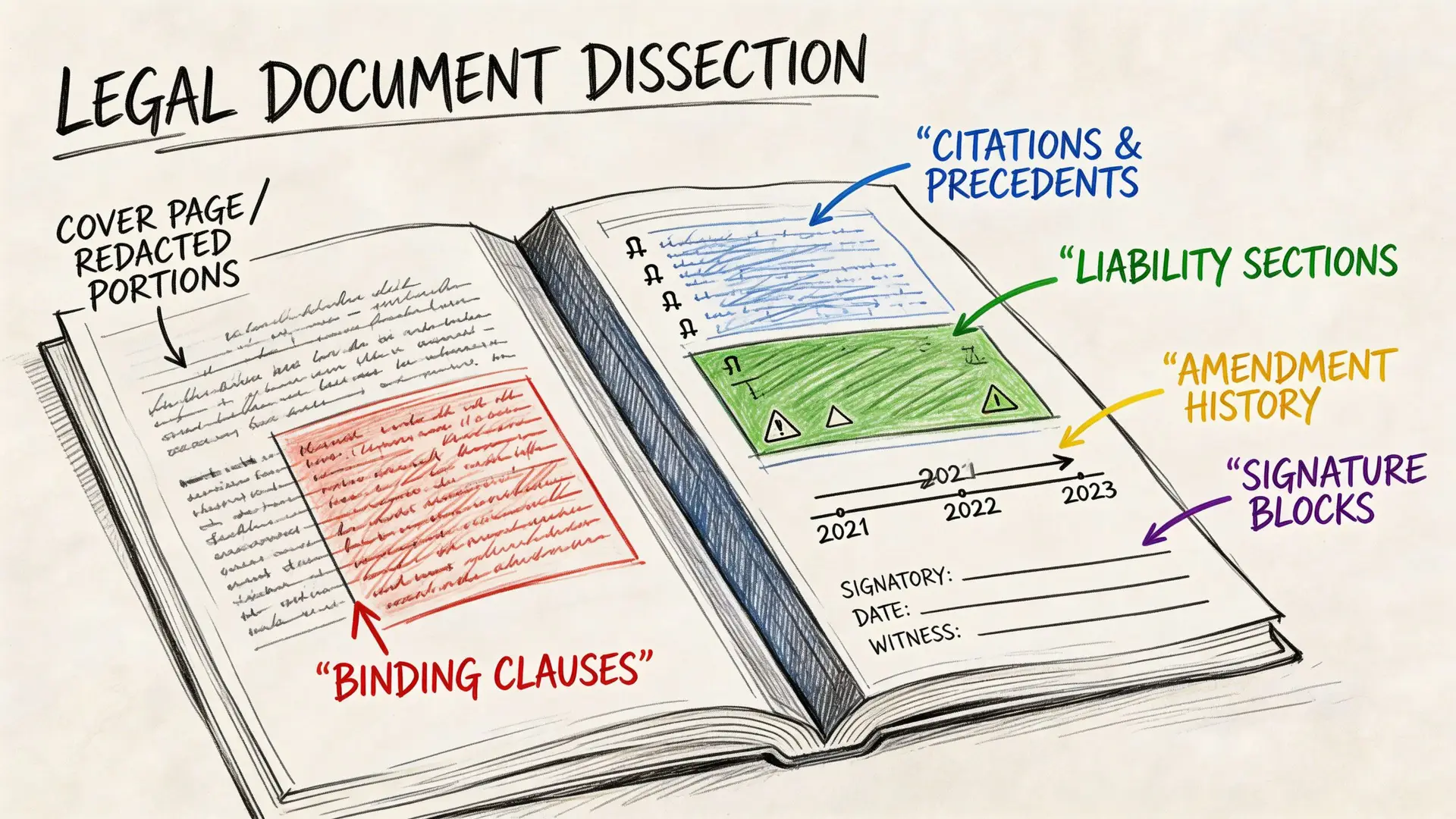 Un'illustrazione che suddivide le componenti fondamentali di un documento legale, evidenziando sezioni chiave con etichette colorate.