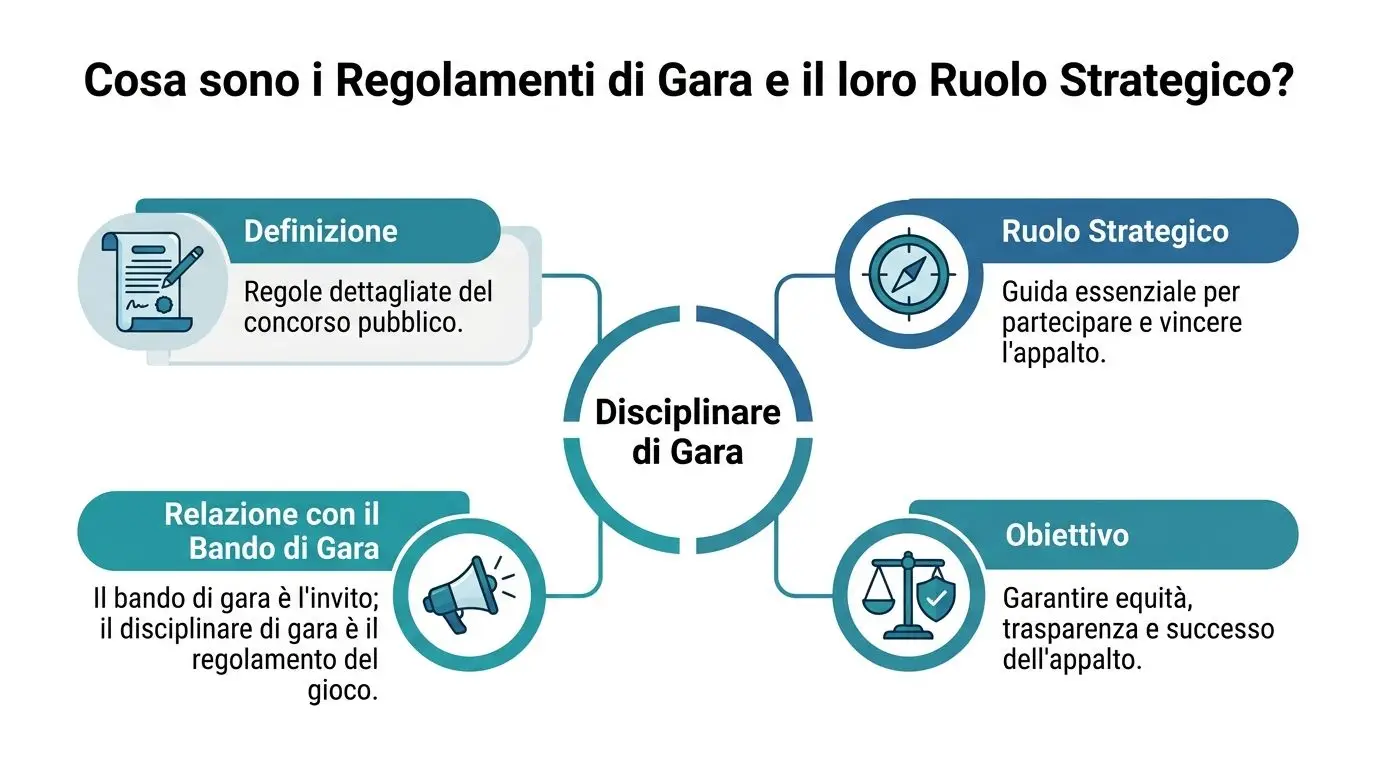 Schema grafico che illustra la definizione e il ruolo strategico del disciplinare di gara negli appalti pubblici.