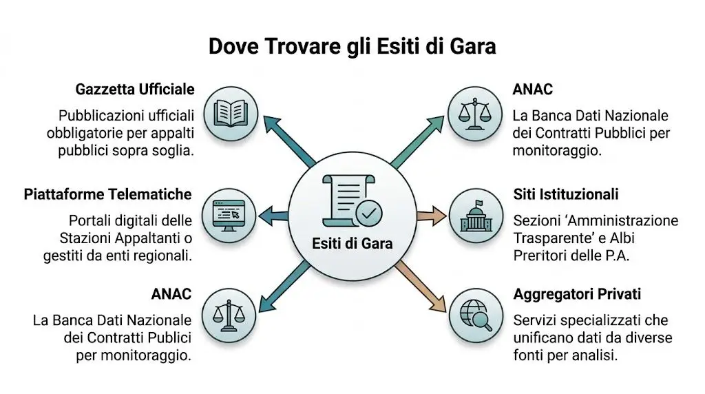 Schema grafico che mostra le principali fonti dove trovare gli esiti delle gare d'appalto pubbliche italiane.