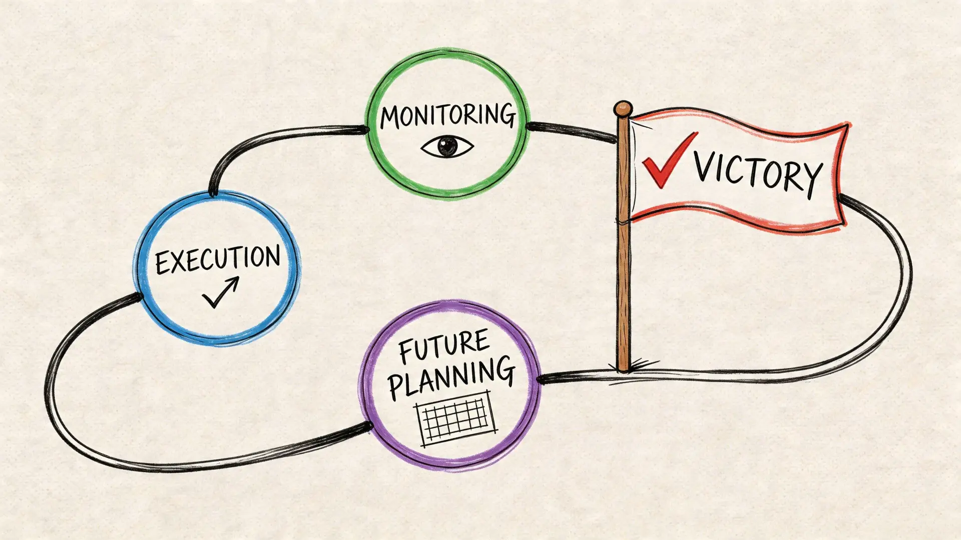 Diagramma che illustra il ciclo di gestione con fasi di esecuzione, monitoraggio e pianificazione verso la vittoria.