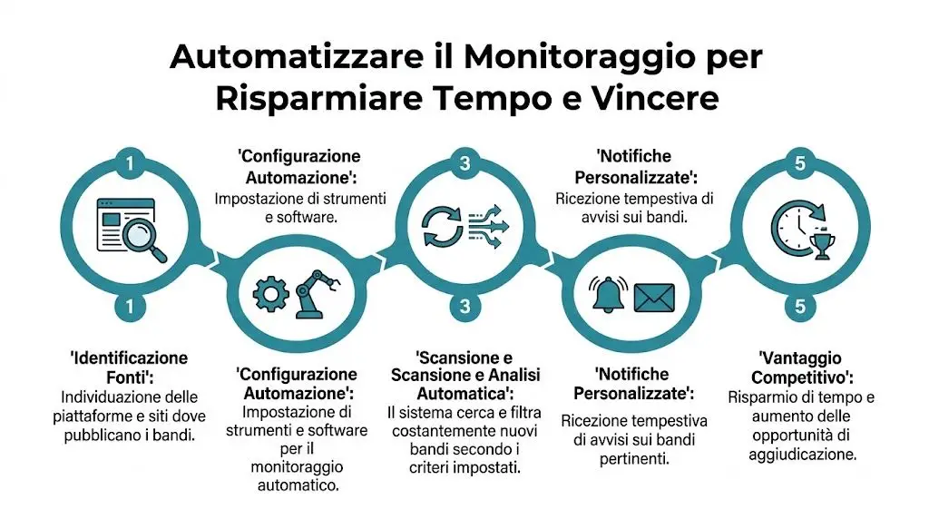 Un diagramma illustra il processo automatizzato per monitorare e trovare bandi di gara in modo efficiente.