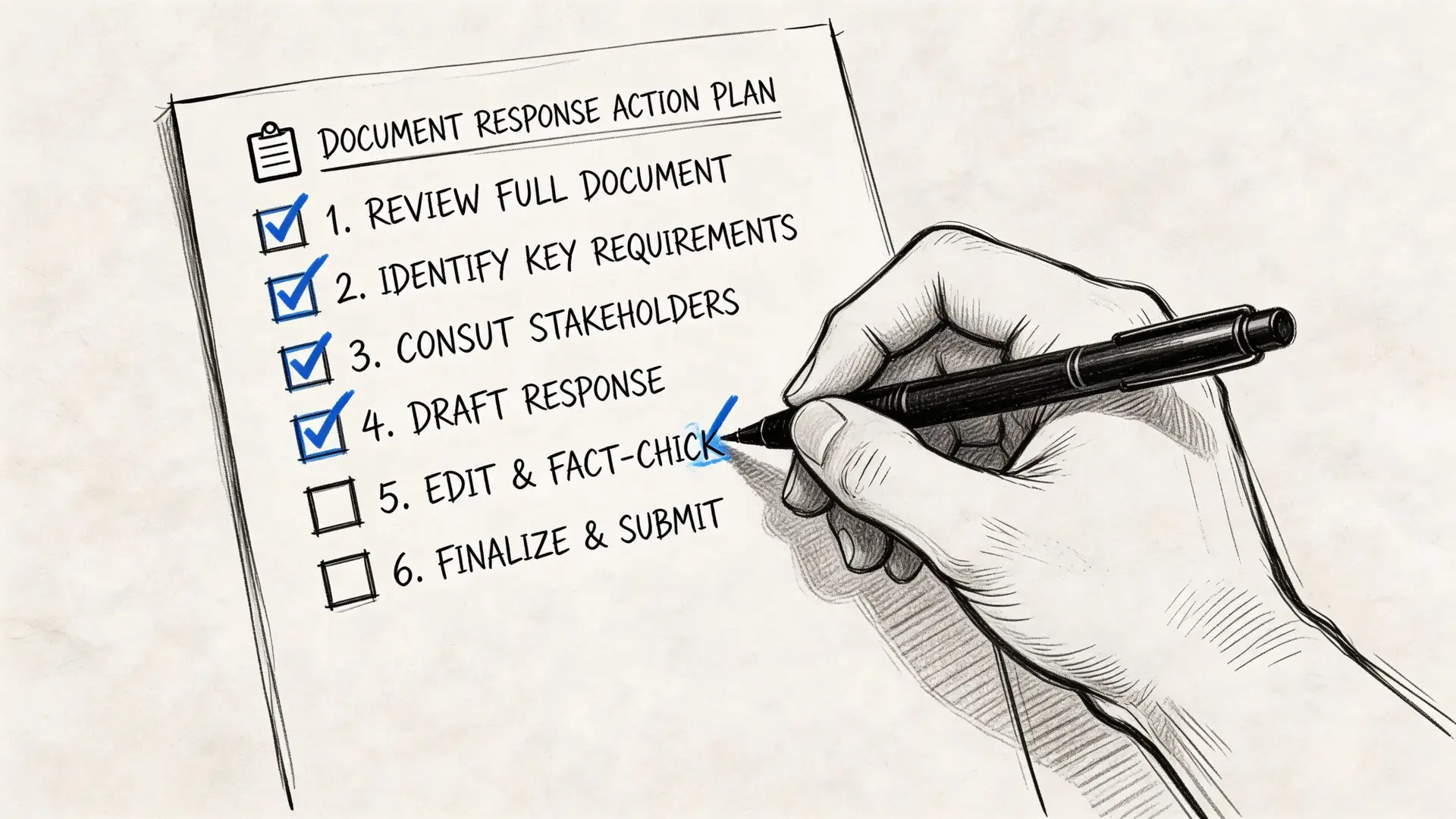 Una mano che completa una lista di controllo intitolata Piano d'azione di risposta del documento su carta.