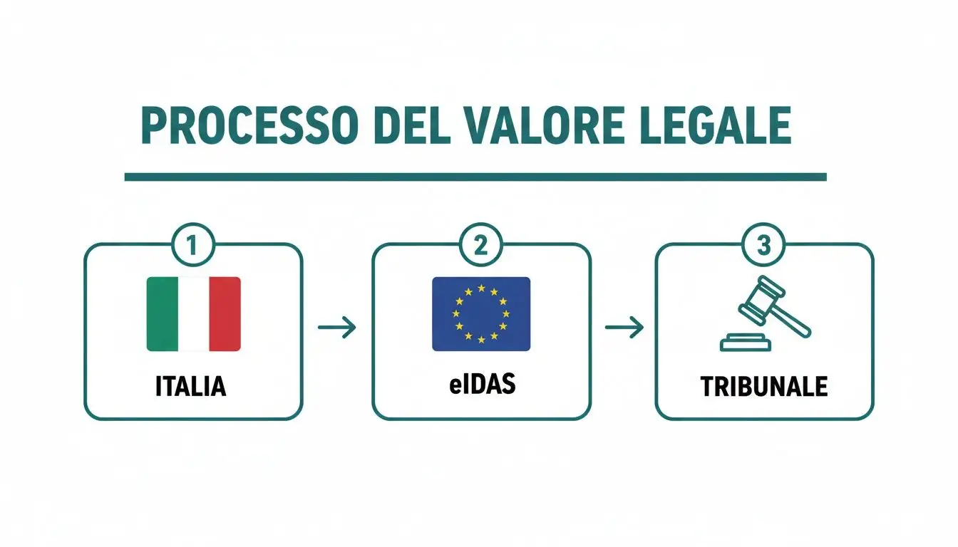 Flowchart che illustra il processo per il valore legale dei documenti, dalla normativa italiana a eIDAS, fino al tribunale.