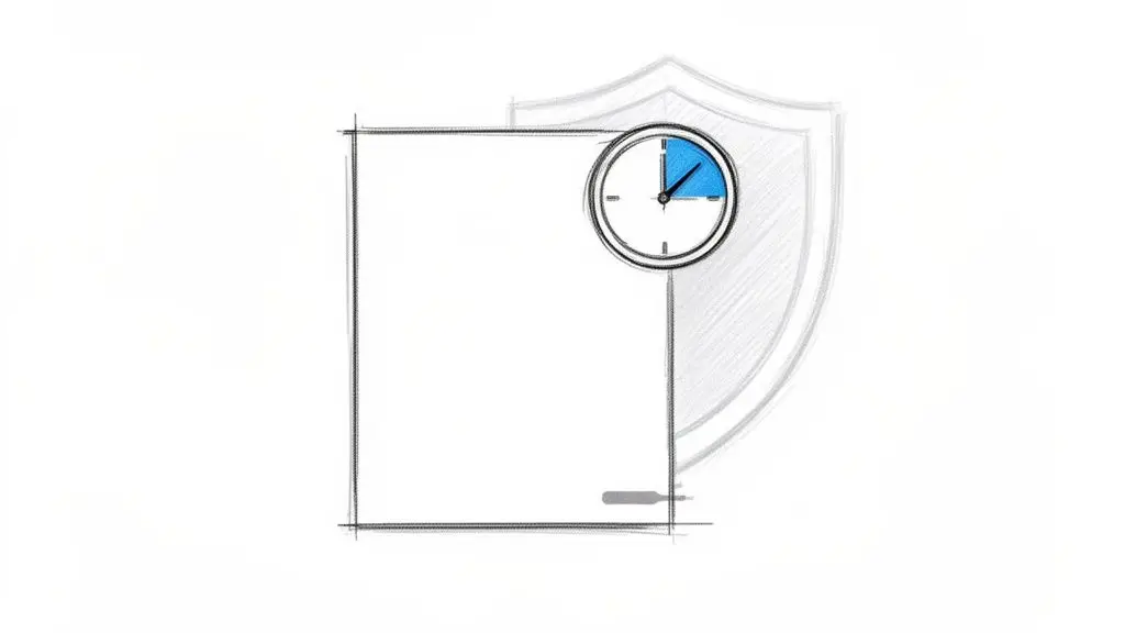 Illustrazione stilizzata di un documento con un orologio che mostra il tempo e uno scudo di sicurezza, simboleggiando la marca temporale.