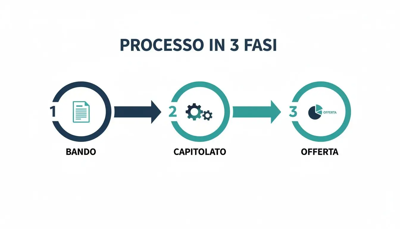 Diagramma illustrativo di un processo in 3 fasi: Bando (documento), Capitolato (ingranaggi) e Offerta (grafico a torta).