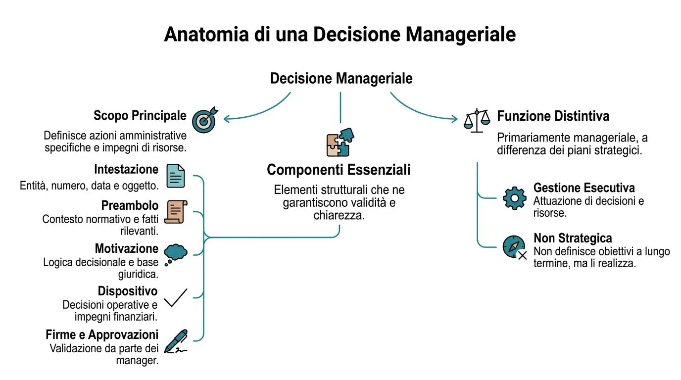 Diagramma che illustra la struttura, lo scopo e la funzione di una decisione manageriale aziendale.