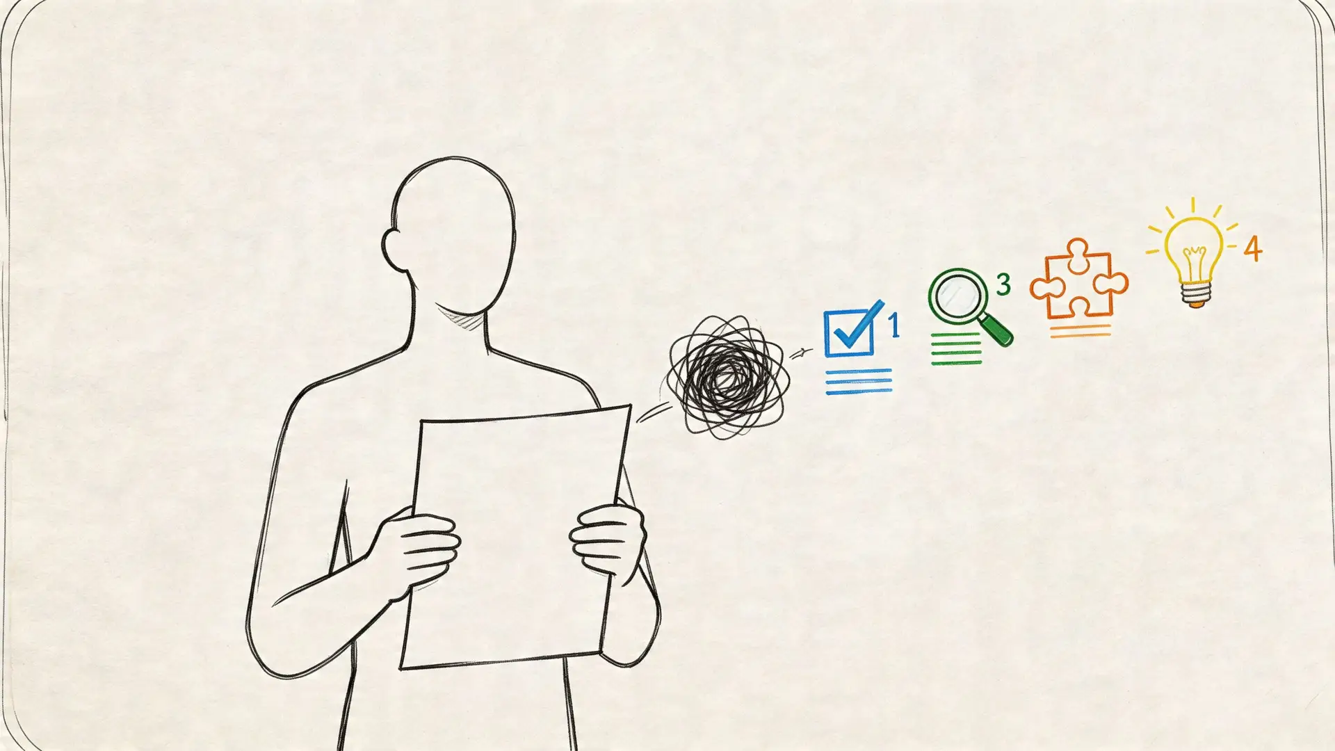 Un'illustrazione che mostra una persona che trasforma il disordine mentale in un processo chiaro e strutturato