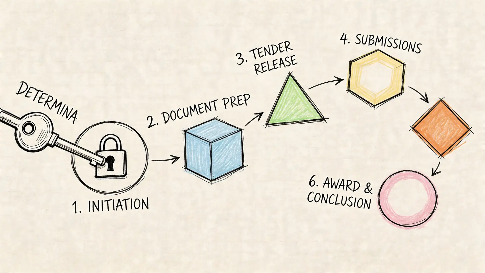 Schema grafico del processo di determina che illustra le sei fasi principali dall'iniziazione alla conclusione dell'appalto.