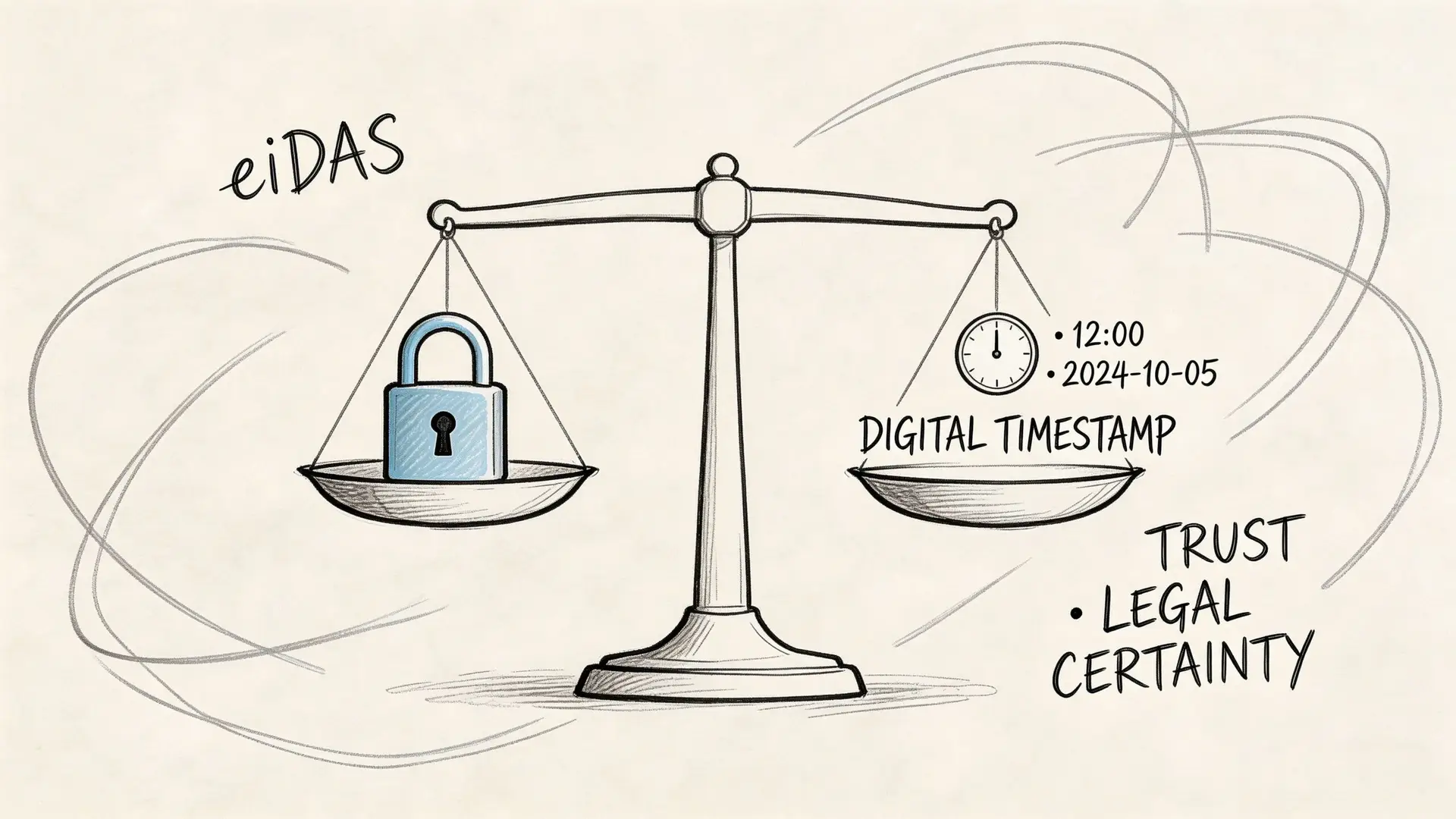 Illustrazione concettuale che mostra una bilancia in equilibrio tra un lucchetto e una marcatura temporale digitale.