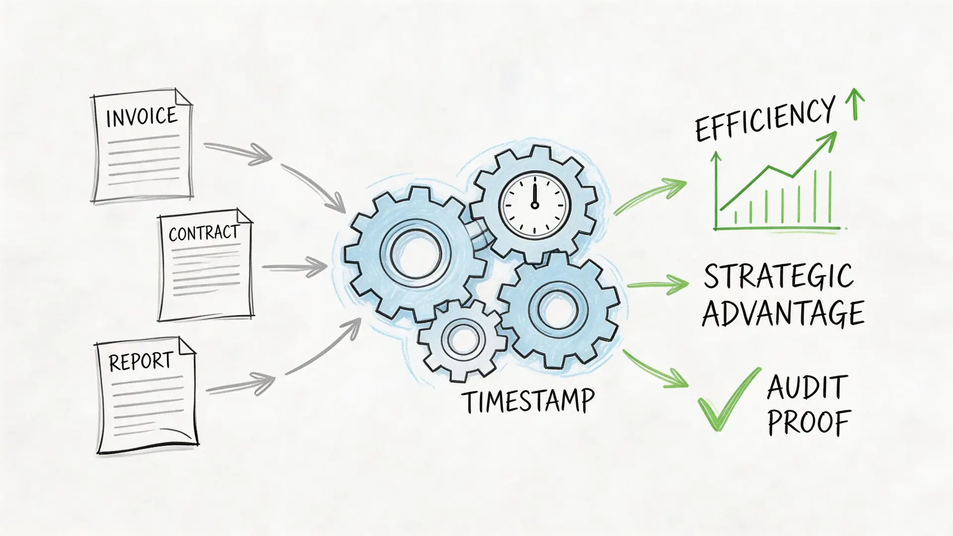 Diagramma che illustra il processo di marcatura temporale per documenti aziendali come fatture, contratti e report.