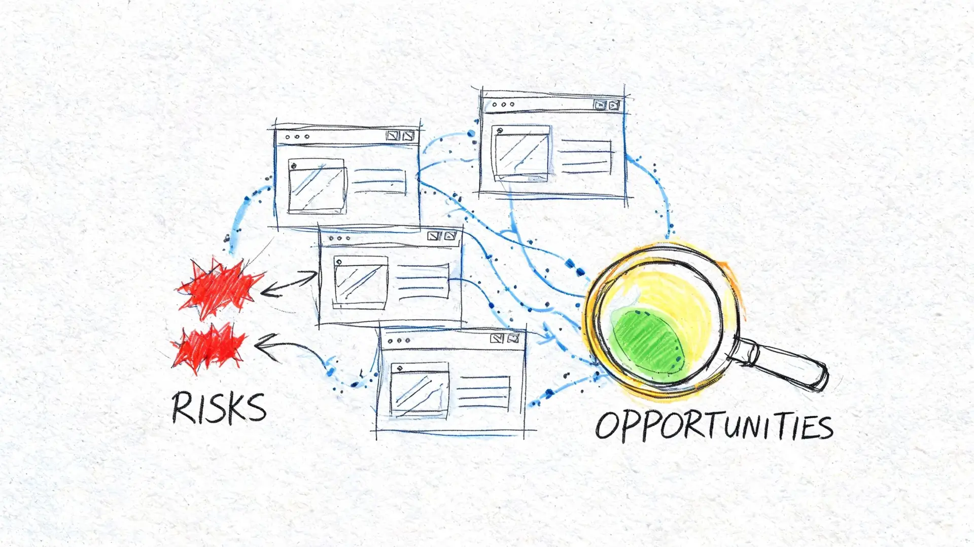 Disegno concettuale che illustra la gestione dei rischi aziendali contrapposta alla ricerca di nuove opportunità di business.