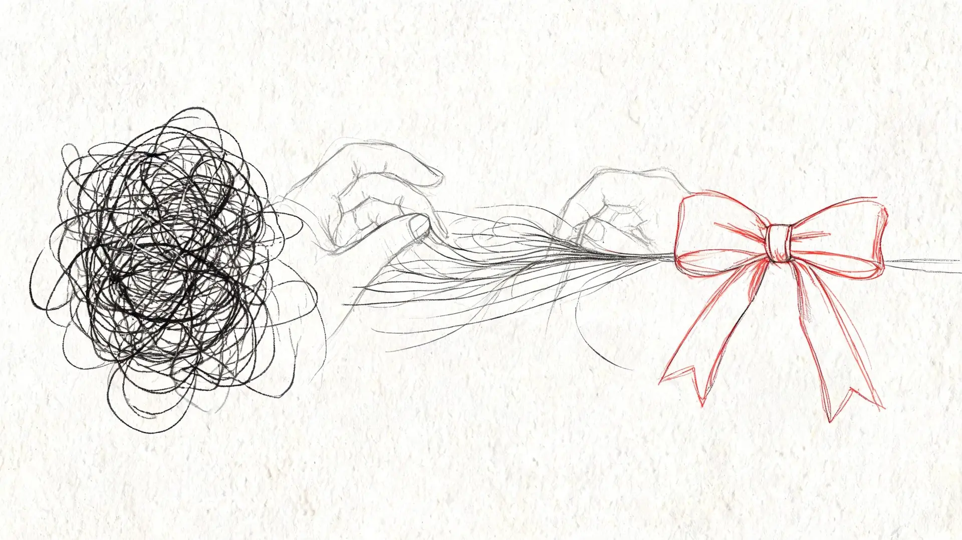 Disegno concettuale che illustra la trasformazione di un groviglio caotico in un ordinato fiocco rosso.