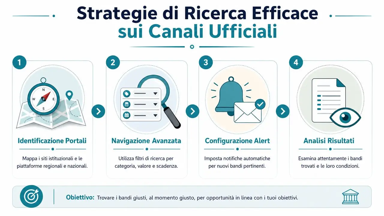 Infografica che illustra quattro passaggi chiave per una ricerca efficace di bandi su portali istituzionali ufficiali.
