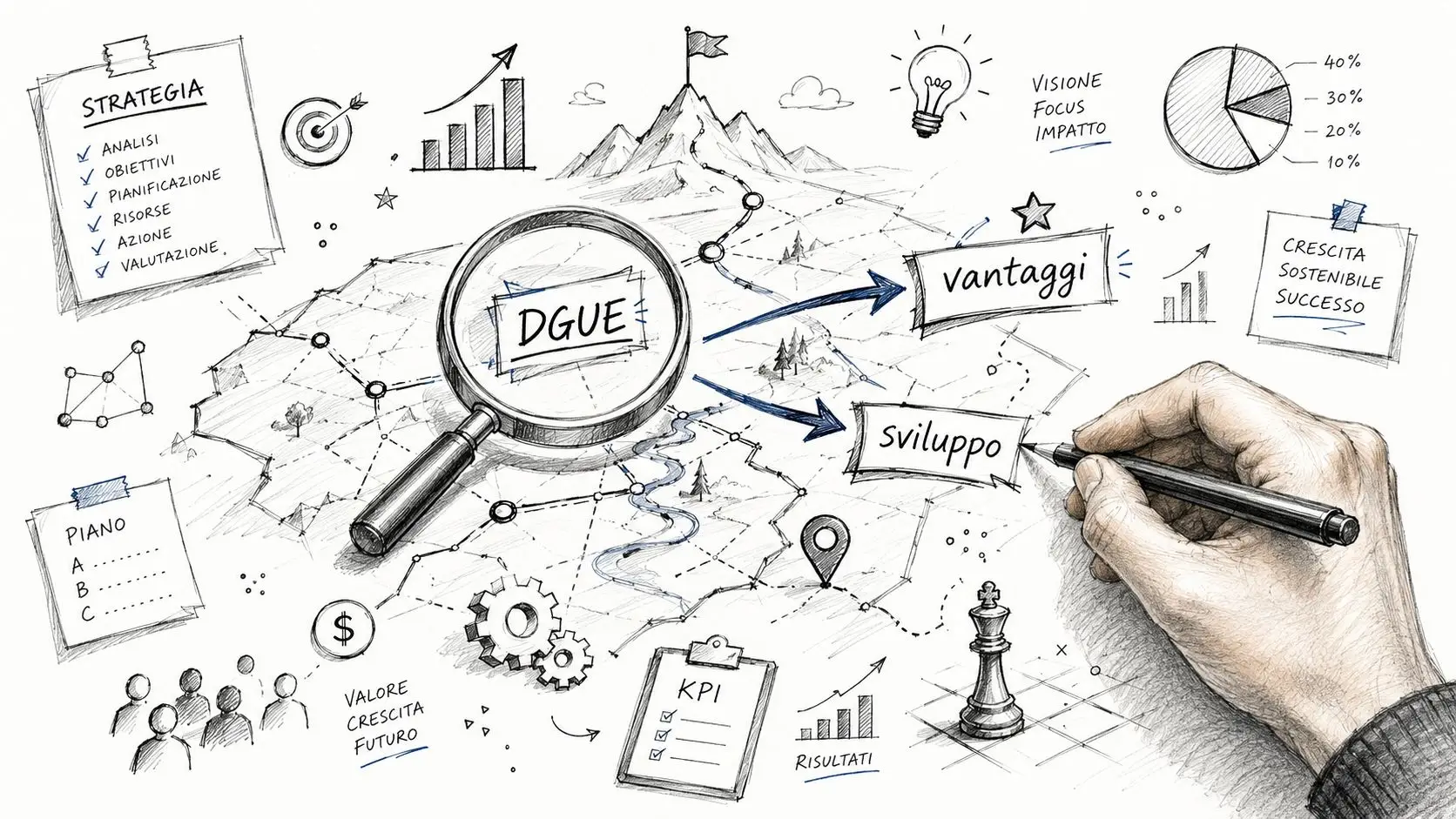 Illustrazione concettuale che descrive il documento unico di gara europeo come parte di una strategia aziendale di successo.