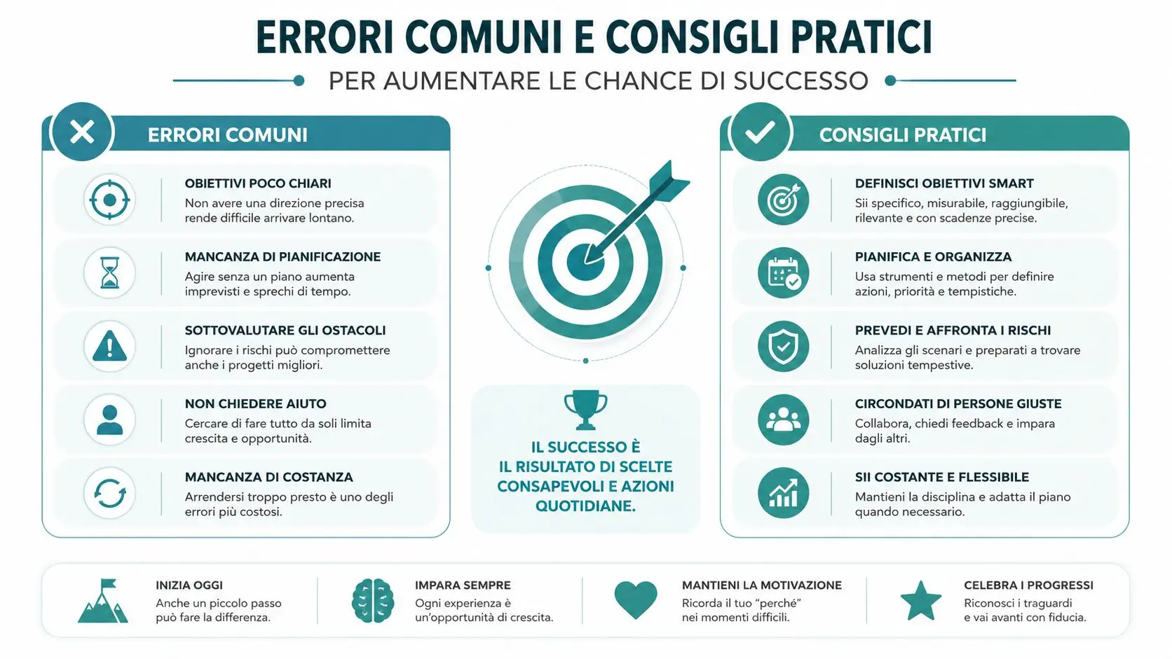 Infografica che illustra gli errori comuni da evitare e i consigli pratici per raggiungere il successo personale.