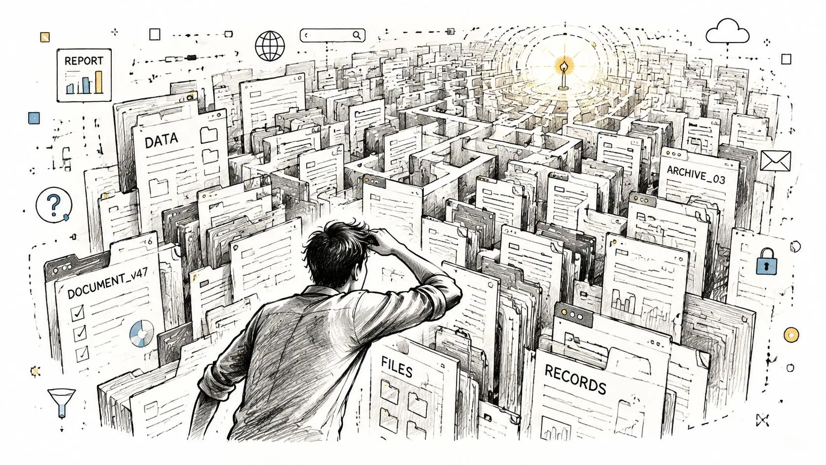 Una persona osserva un labirinto complesso pieno di documenti, archivi e dati in stile illustrazione artistica