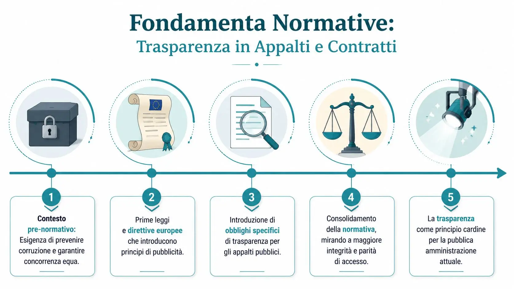 Diagramma infografico che illustra l'evoluzione normativa della trasparenza negli appalti pubblici attraverso cinque fasi chiave.