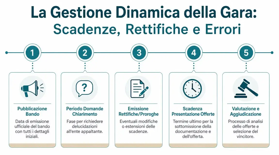 Schema grafico del processo di gestione delle gare d'appalto, dalle scadenze alla fase di aggiudicazione.