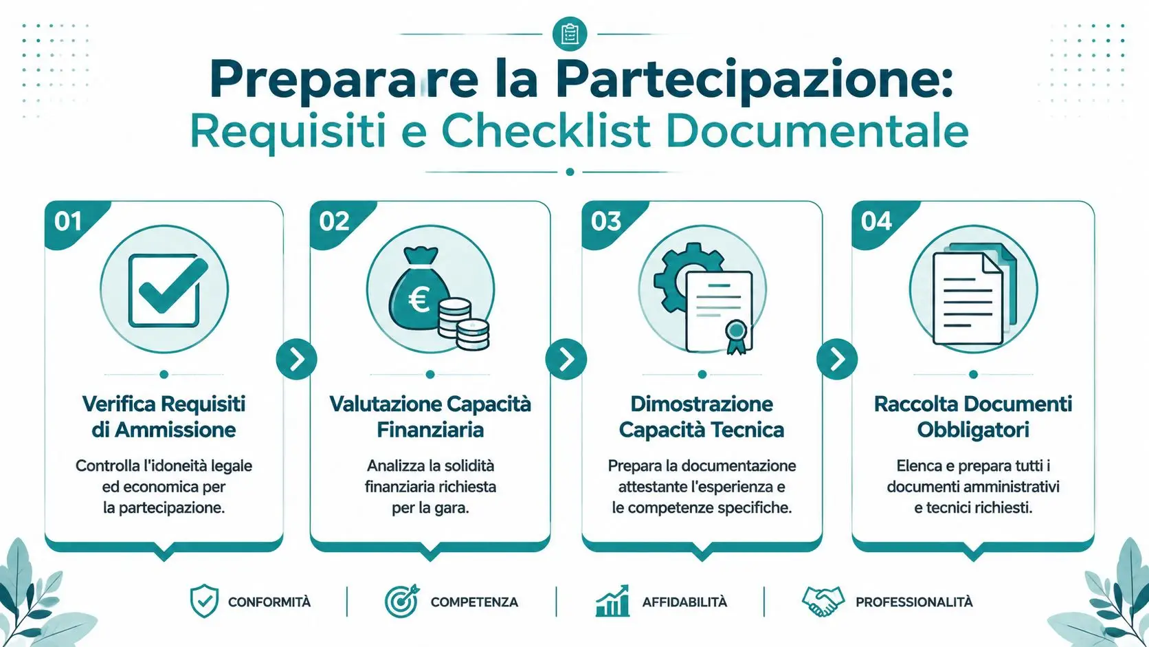 Infografica sui passaggi fondamentali per preparare la partecipazione a un bando di gara con checklist documentale.