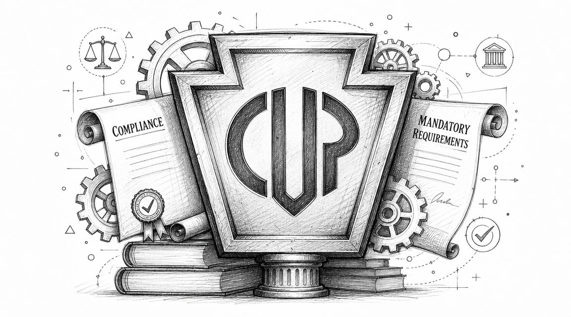 Illustrazione a matita di uno scudo con la scritta CUP, simboli legali, ingranaggi e documenti normativi ufficiali.