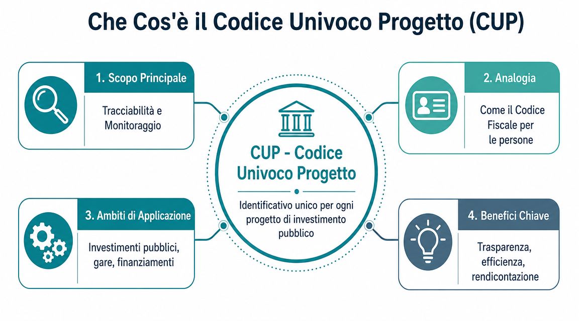 Infografica che spiega il significato e l'utilizzo del Codice Univoco Progetto (CUP) per investimenti pubblici.