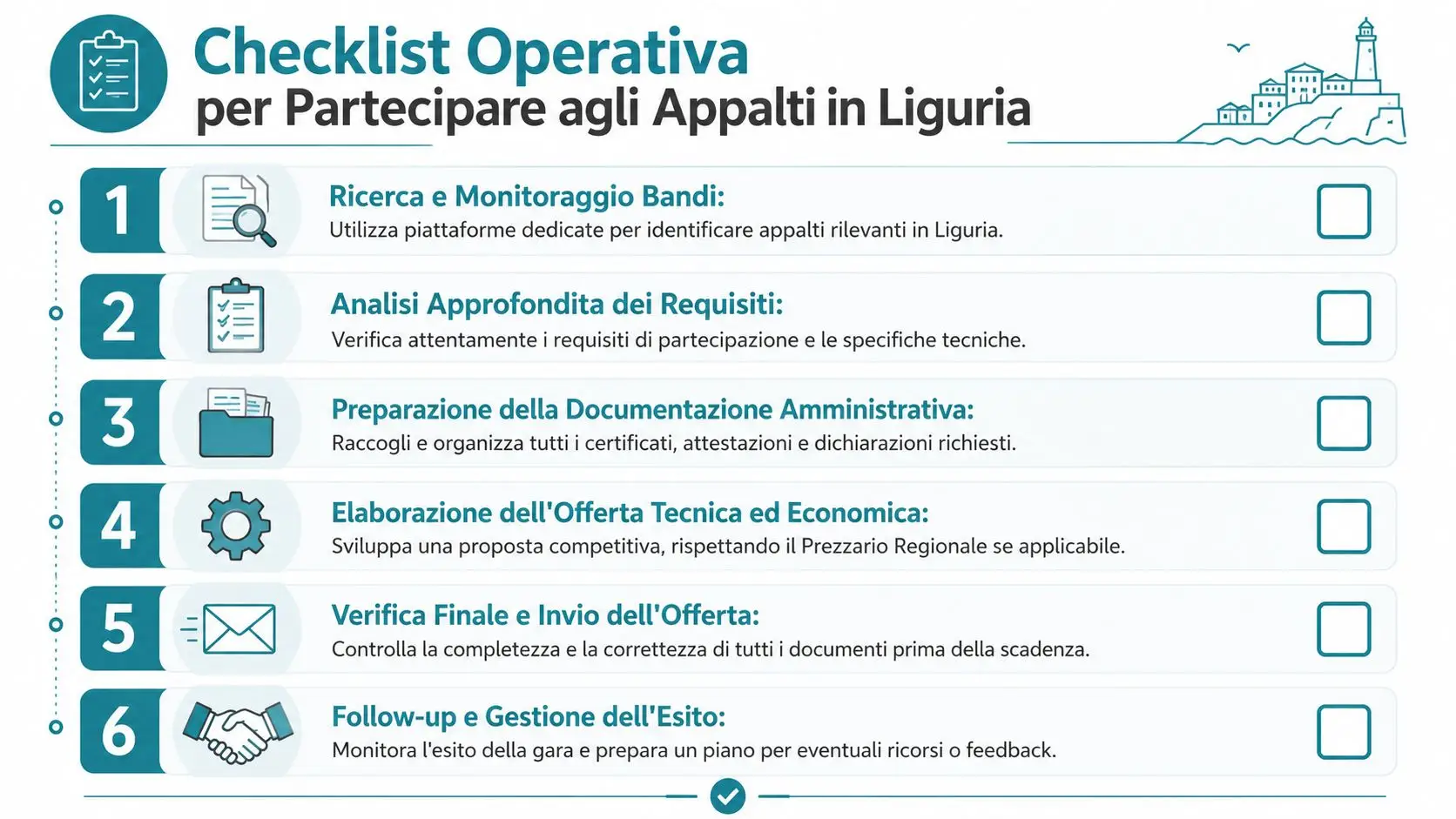 Una checklist operativa che illustra sei passaggi chiave per partecipare agli appalti pubblici nella regione Liguria.