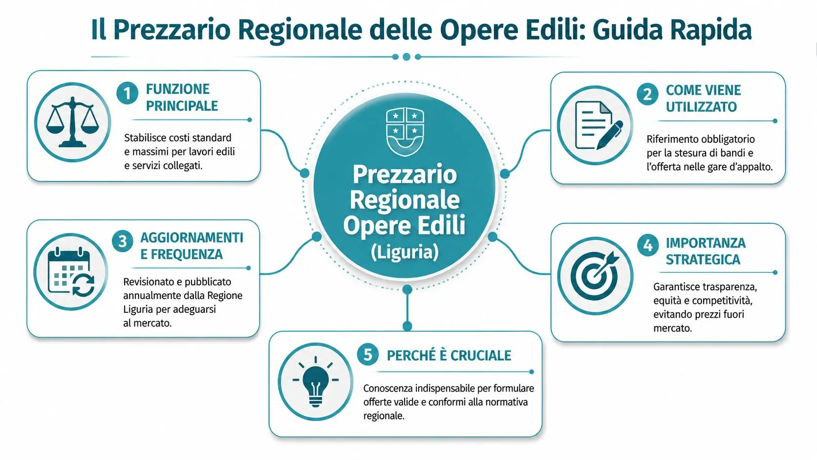 Infografica illustrativa del Prezzario Regionale delle Opere Edili in Liguria con le sue principali funzioni e caratteristiche.