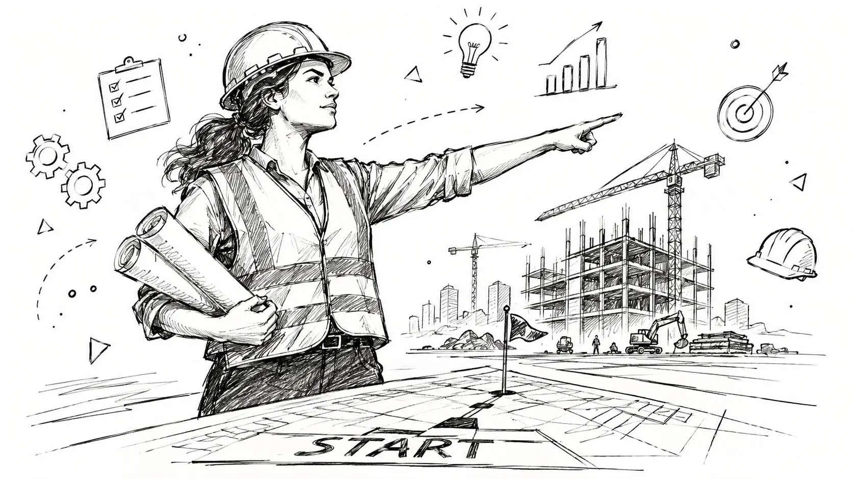 Donna ingegnere edile con casco, piani di progetto e sfondo di cantiere in costruzione in stile schizzo.