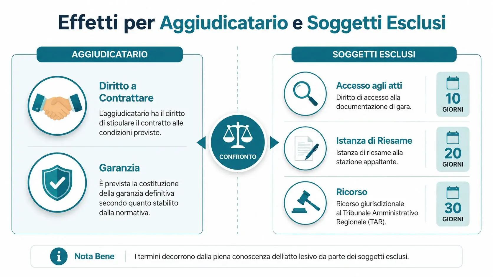 Infografica che illustra i diritti dell'aggiudicatario e i rimedi legali disponibili per i soggetti esclusi da una gara.