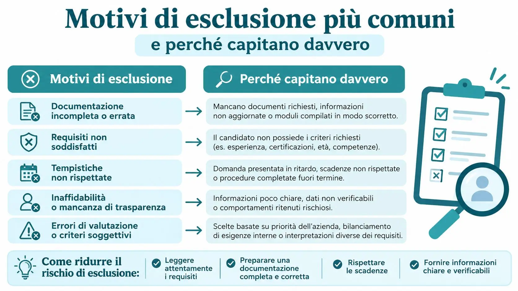 Infografica sui motivi comuni di esclusione da una selezione e consigli per evitare tali errori procedurali.