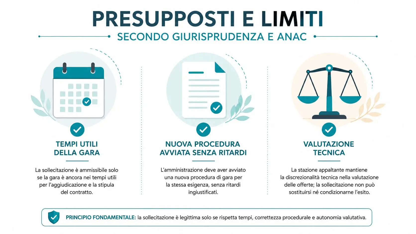 Infografica sui presupposti e limiti legali per la sollecitazione nelle gare d'appalto secondo ANAC e giurisprudenza.