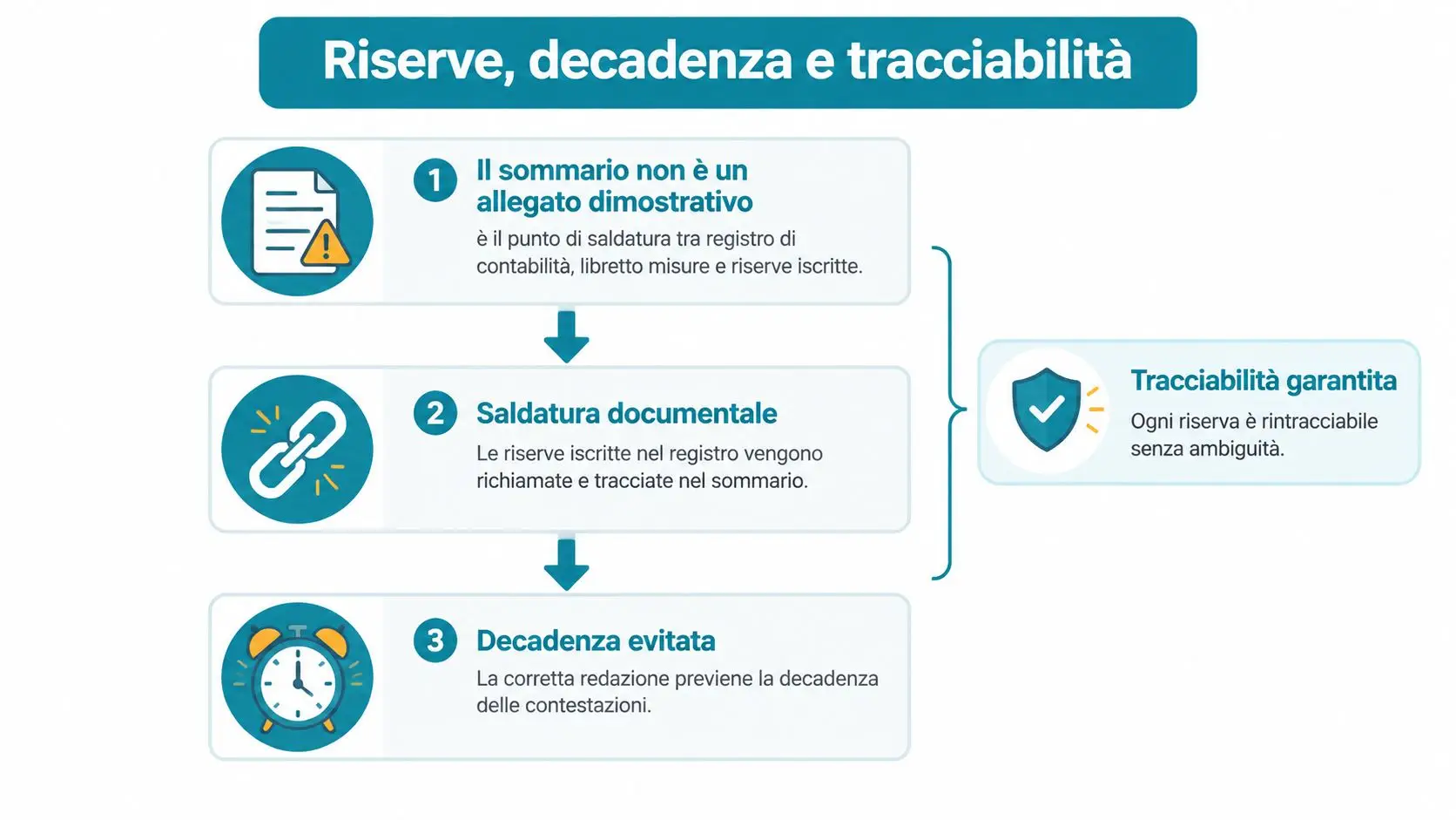 Diagramma esplicativo che illustra il processo di gestione delle riserve, decadenza e tracciabilità nella contabilità dei lavori.