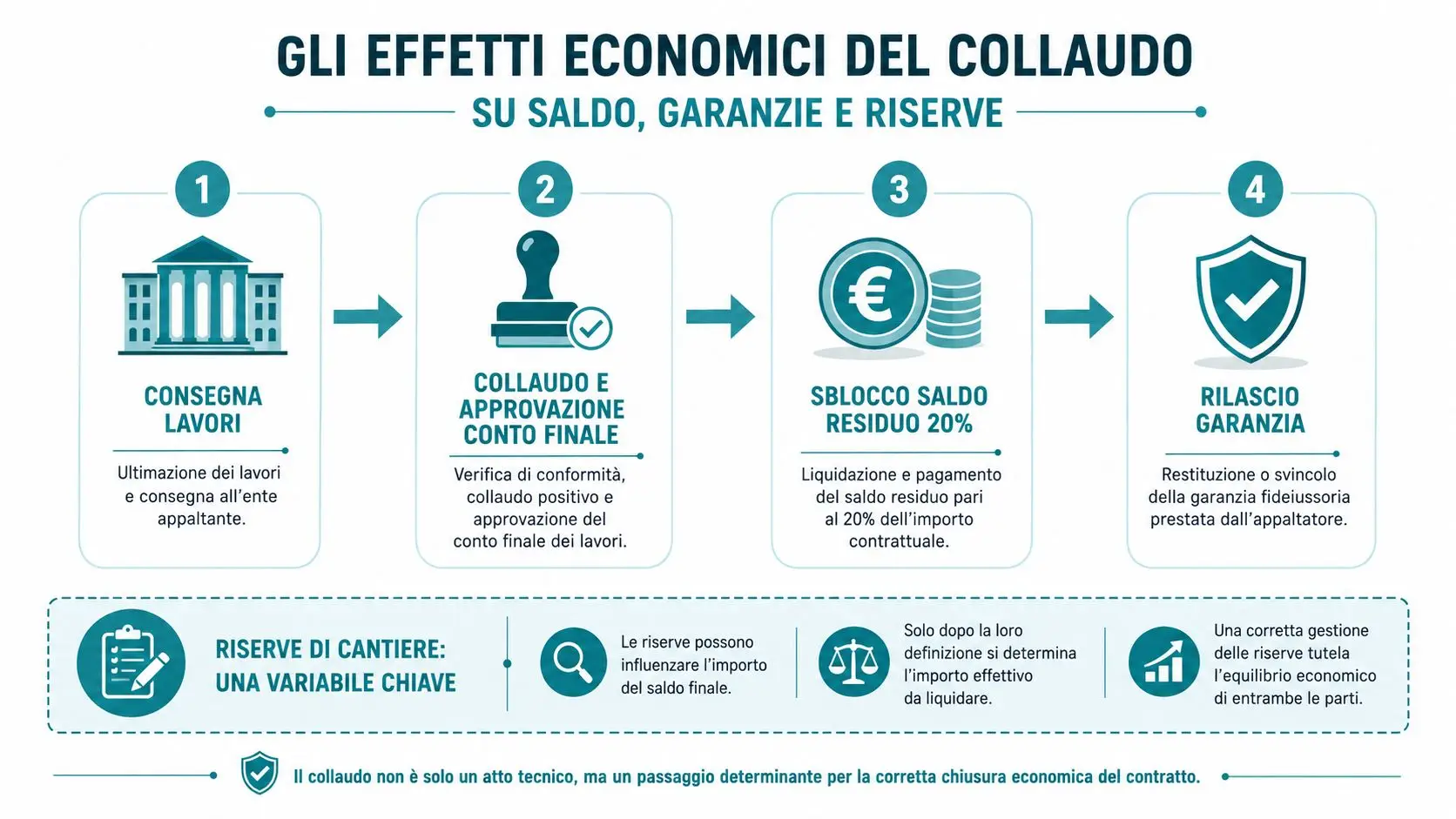 Schema che illustra gli effetti economici del collaudo su saldo, garanzie e riserve di cantiere.