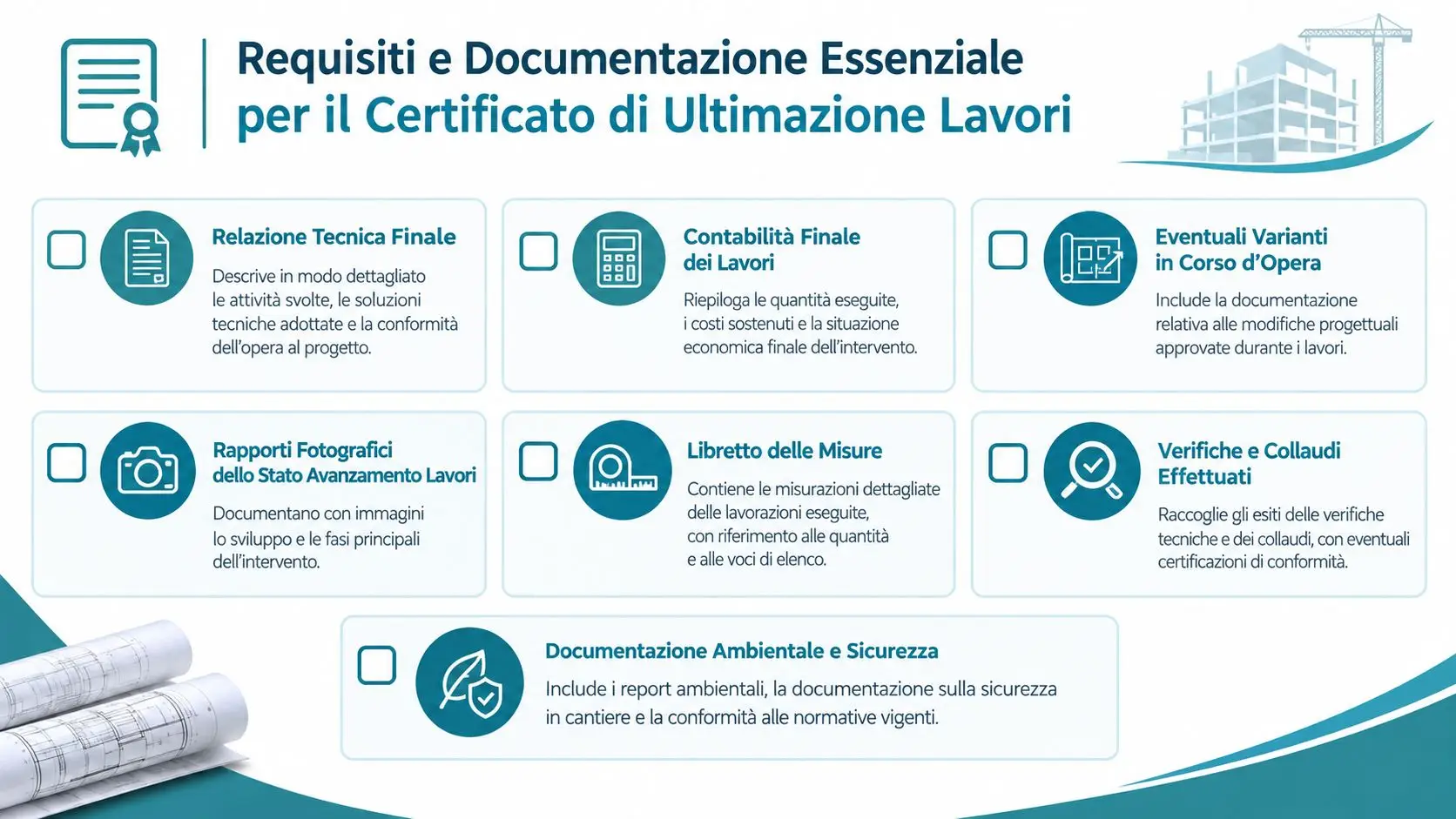 Infografica che elenca i requisiti e la documentazione essenziale necessaria per ottenere il certificato di ultimazione lavori edilizi.