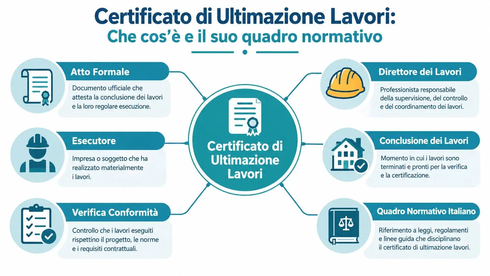 Infografica che spiega il certificato di ultimazione lavori, le figure coinvolte e il relativo quadro normativo italiano.