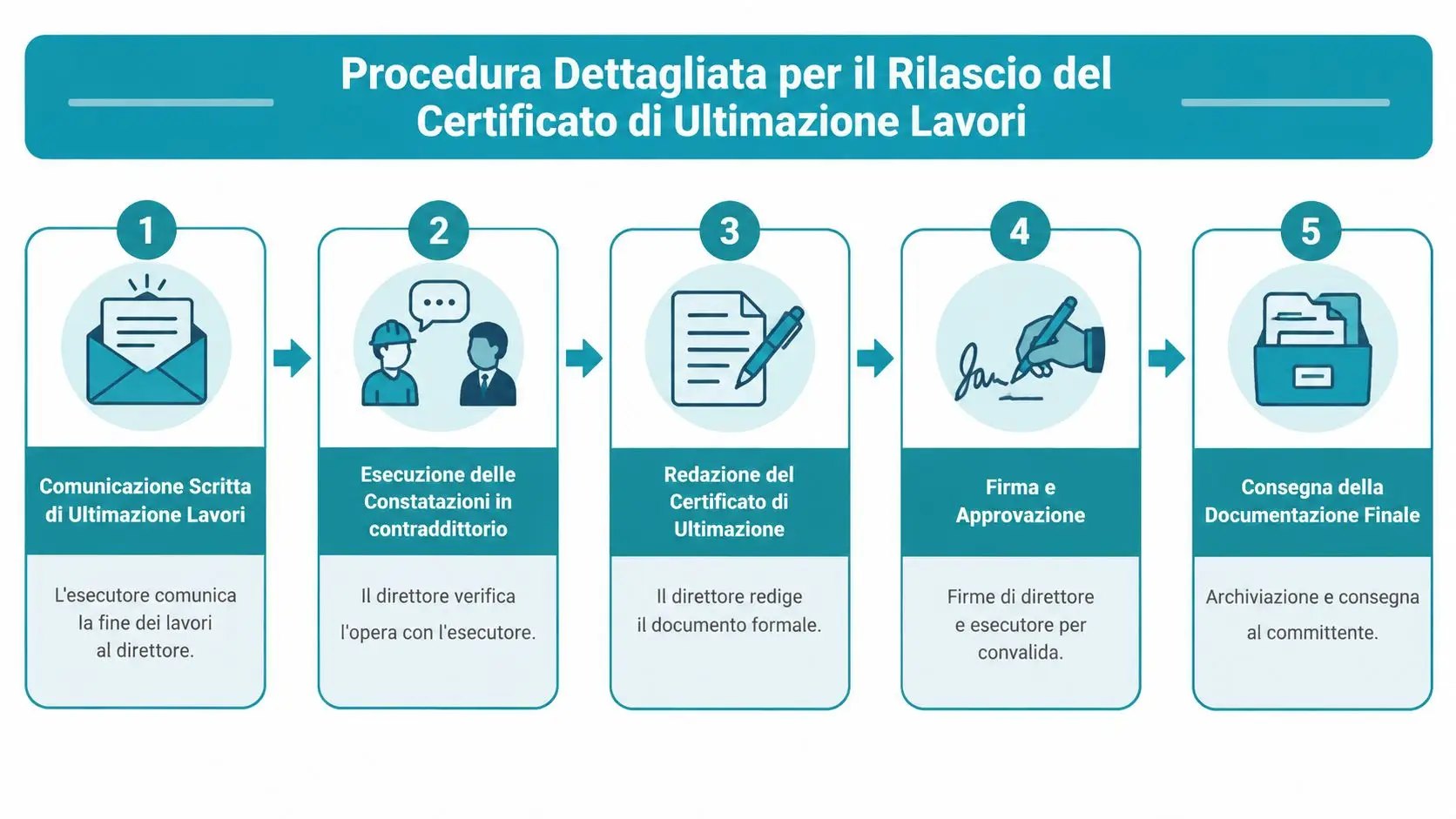 Procedura dettagliata per il rilascio del certificato di ultimazione lavori in cinque fasi descritta graficamente con icone.