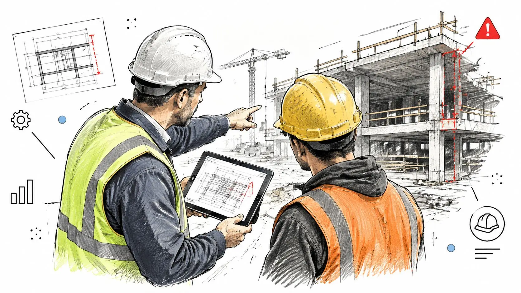 Due ingegneri edili in caschi protettivi discutono di un progetto su un tablet in un cantiere moderno