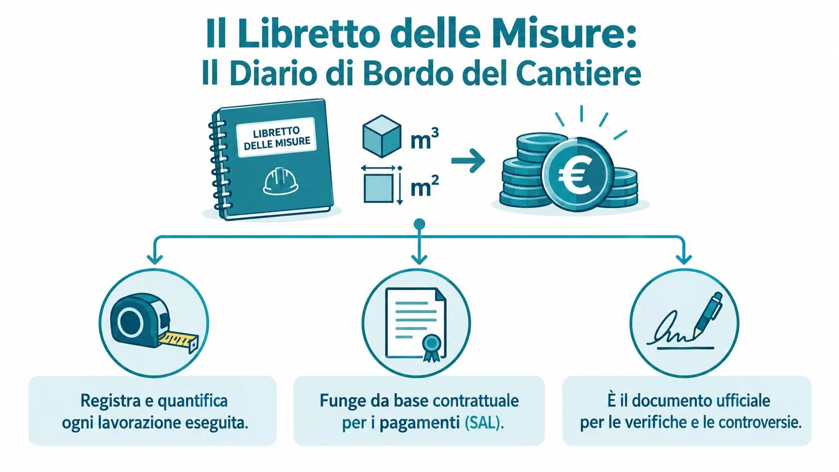 Illustrazione che spiega cos'è il libretto delle misure nel contesto di un cantiere edile professionale.