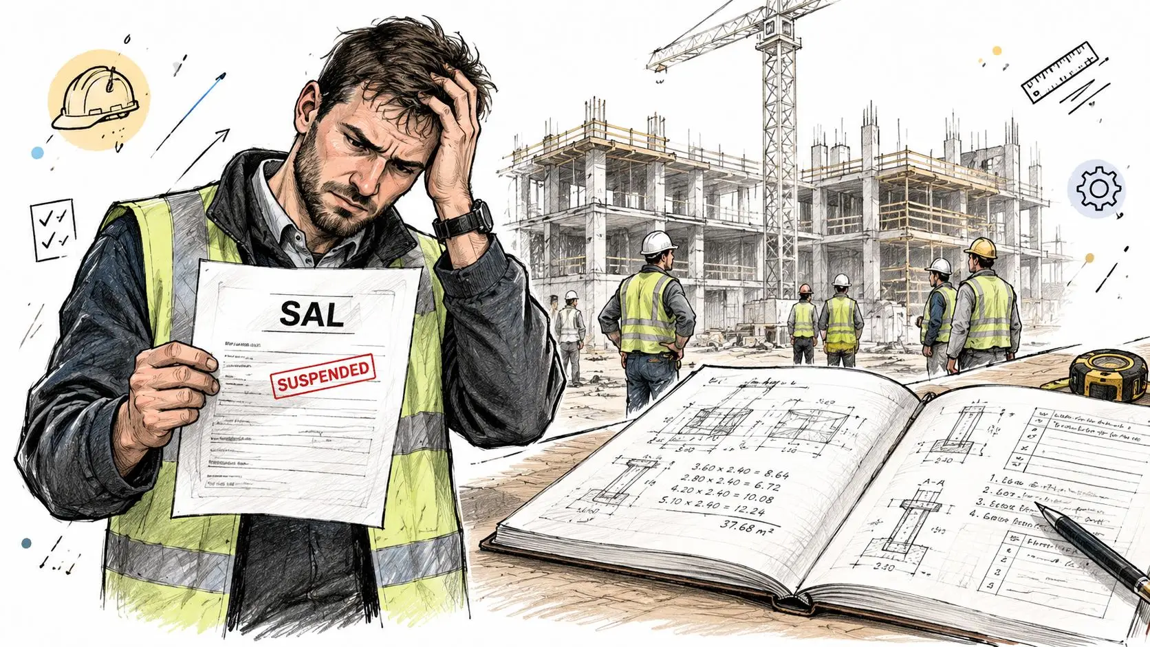 Un ingegnere edile preoccupato tiene in mano un documento con la scritta sospeso davanti a un cantiere.