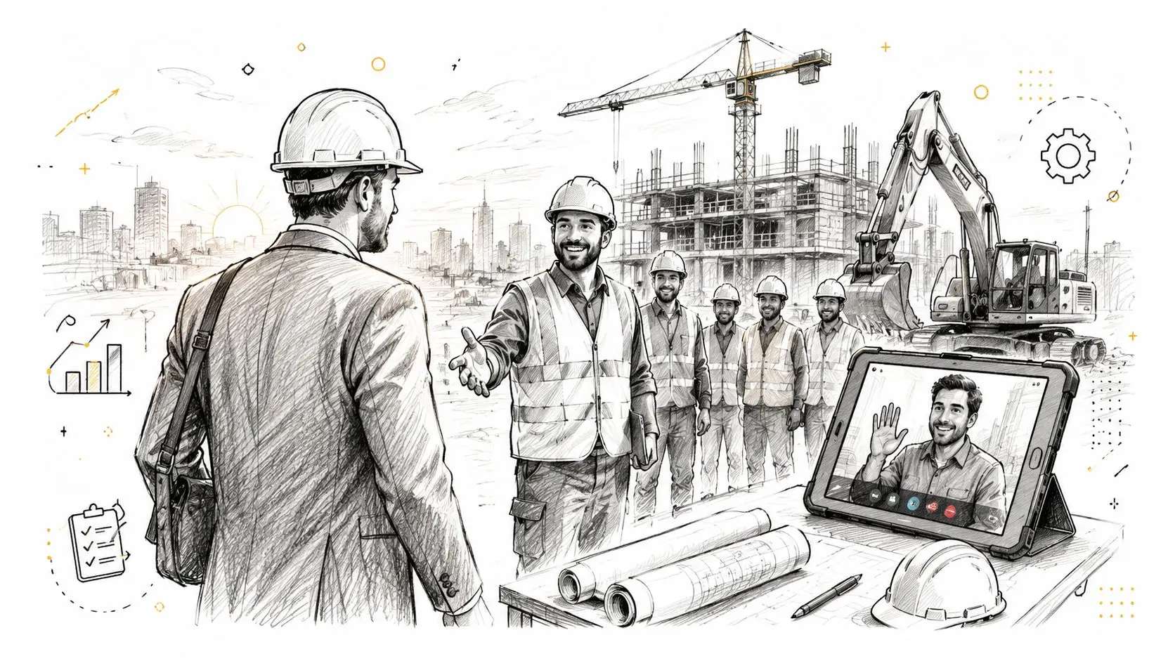 Un professionista in giacca stringe la mano a un capo cantiere davanti a un tablet con videoconferenza.