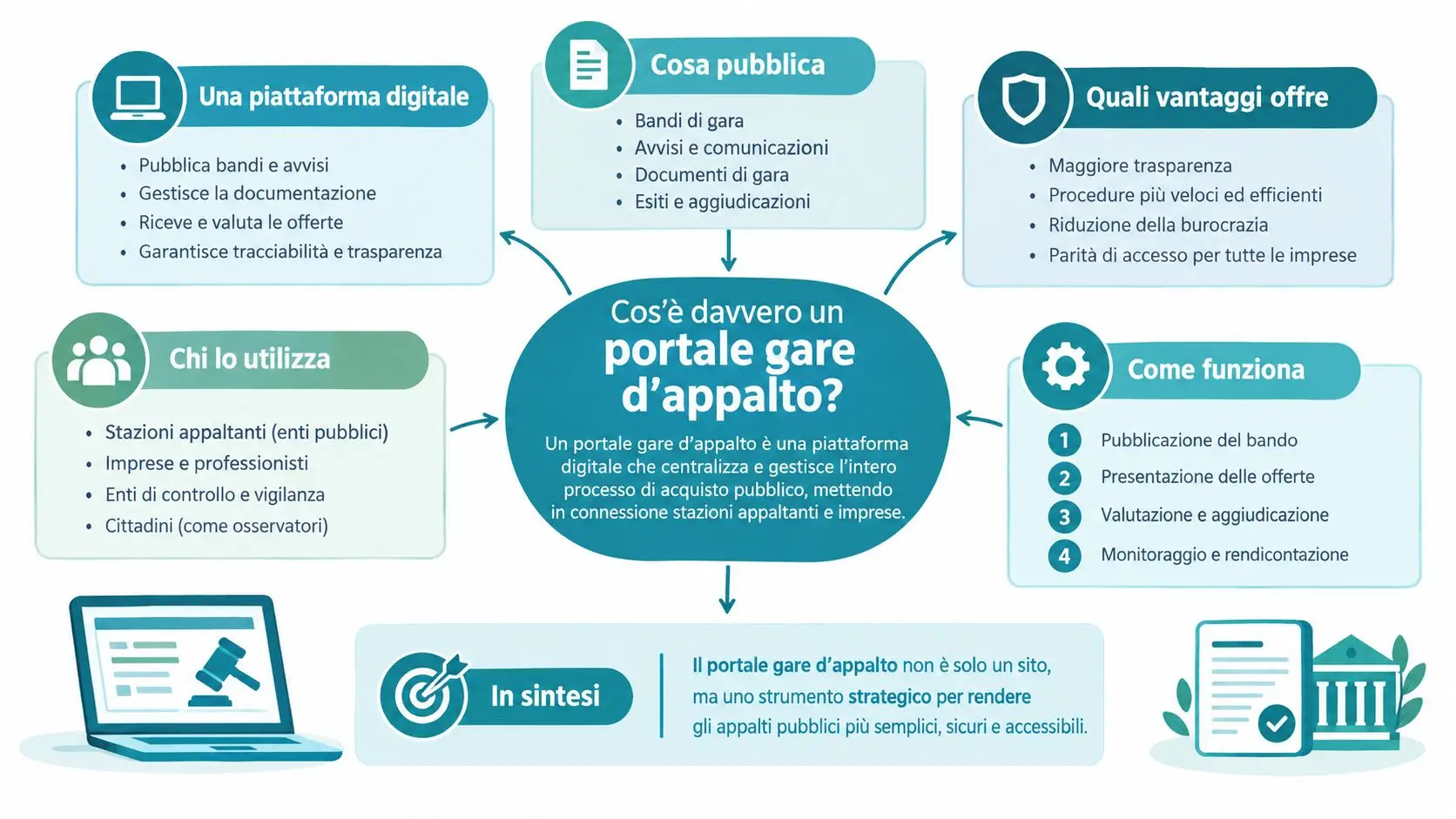Infografica informativa sul funzionamento, i vantaggi e gli utenti di un portale gare d'appalto pubblico digitale.