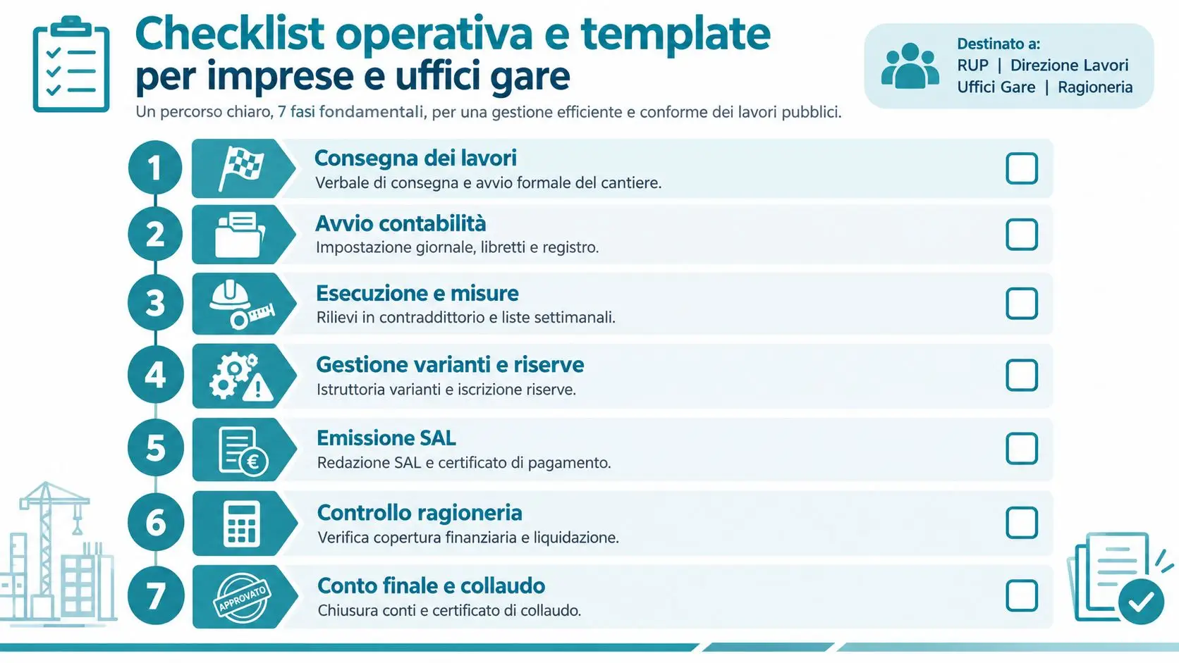 Checklist operativa in sette fasi per la gestione contabile dei lavori pubblici rivolta a RUP e imprese.