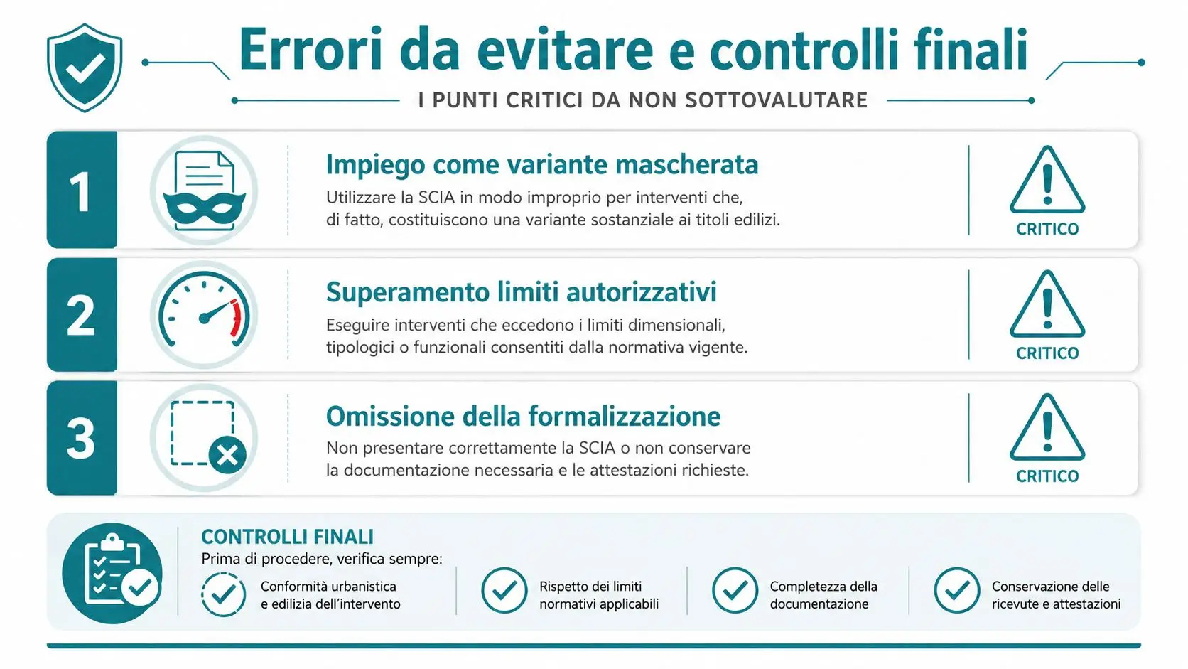 Infografica che elenca errori da evitare e controlli finali necessari per le procedure di SCIA edilizia.