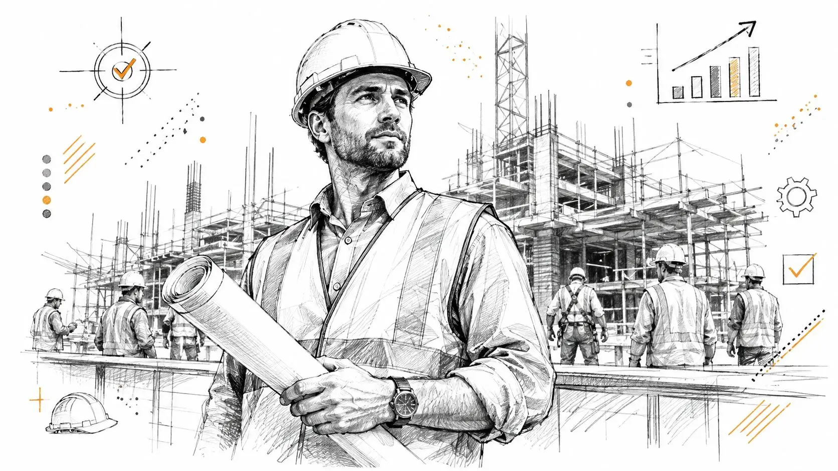 Direttore dei lavori in cantiere con casco e progetti, supervisiona la costruzione di un edificio in fase avanzata.