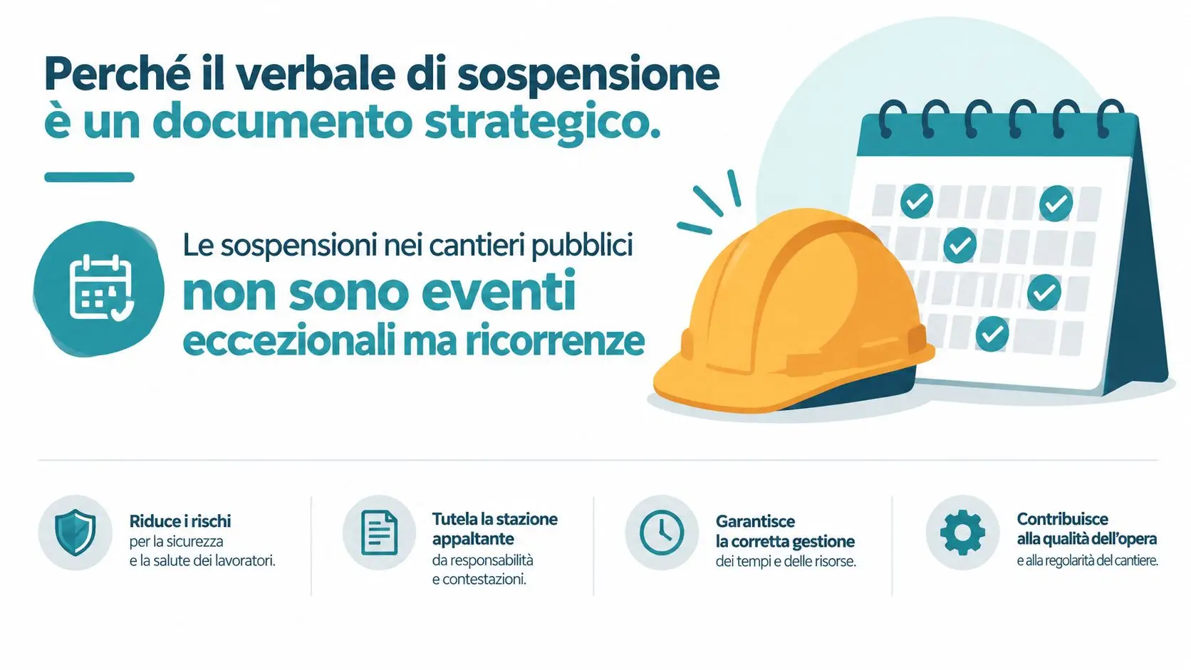 Grafica informativa che spiega l'importanza strategica del verbale di sospensione dei lavori nei cantieri pubblici italiani.